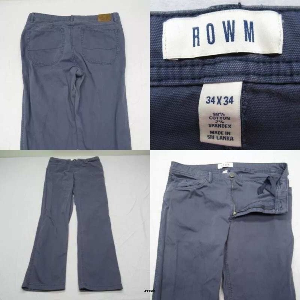 ROWM Pants Mens 32x34 Blue Chinos Flat Front Stretch Casual Belted Tapered Light